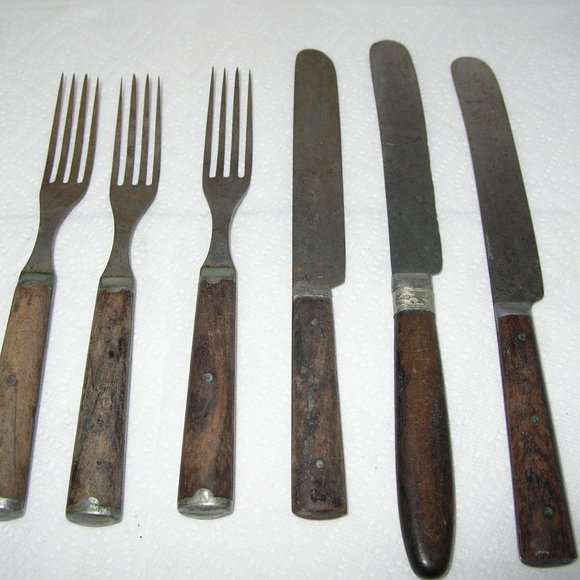 Antique Set of 6 HANDMADE WOODEN HANDLE KNIVES & FORKS 